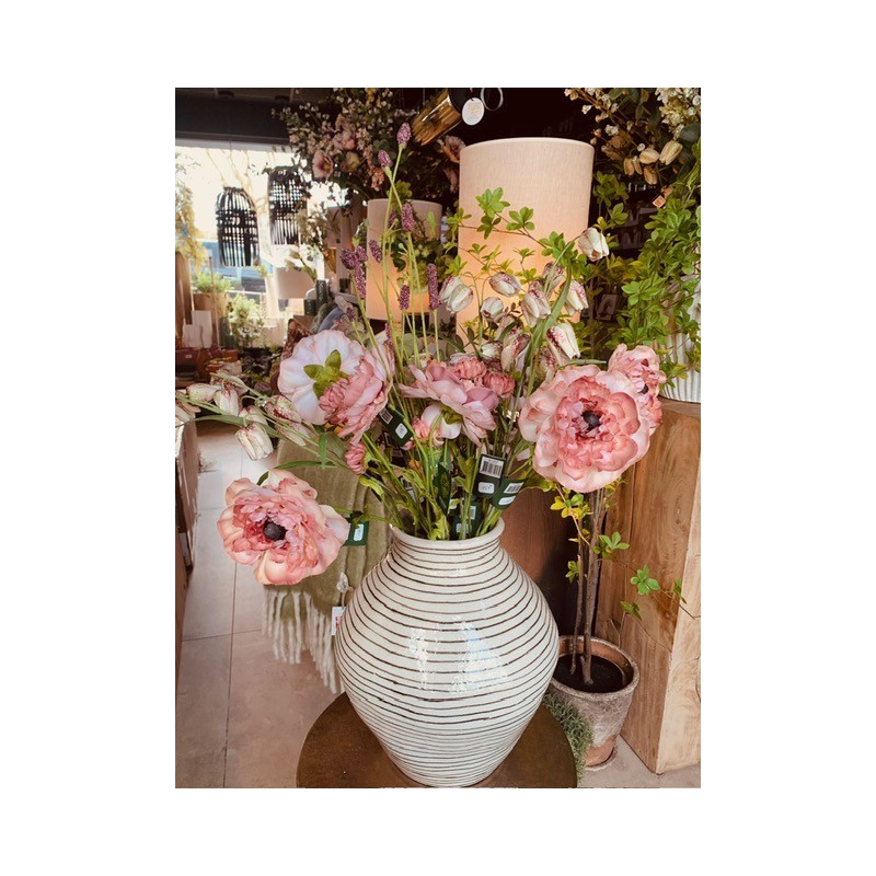 GRAND VASE OBLE - BLANC AVEC RAYURES HORIZONTALES NOIRES EMAILLE - NOORI