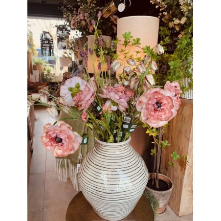 GRAND VASE OBLE - BLANC AVEC RAYURES HORIZONTALES NOIRES EMAILLE - NOORI