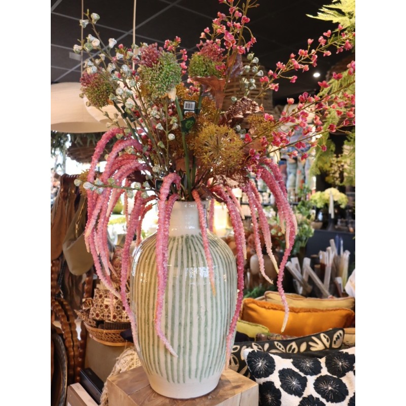 GRAND VASE COZ - BLANC ANTIQUE AVEC RAYURES VERTES EMAILLEES - NOORI