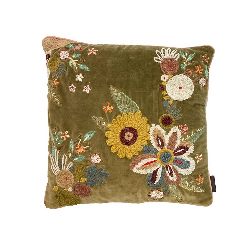 Coussin Kanika Khaki Désert - velours brodé à la main - 50x50 cm - TXP3630200