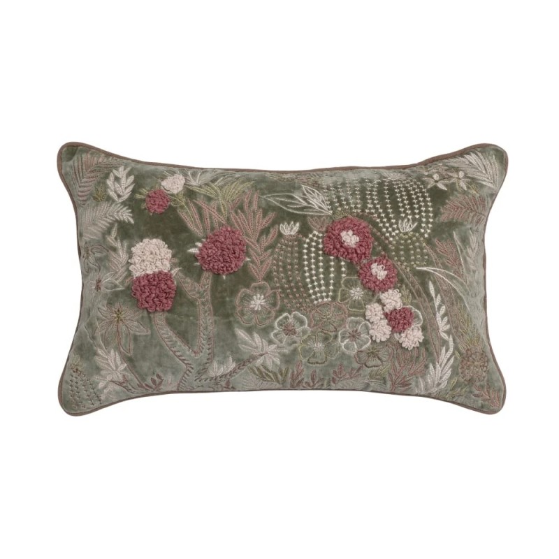 Coussin kanika  - Vert-fleuri - velours brodé à la main - 30x50 cm - TXP3640400