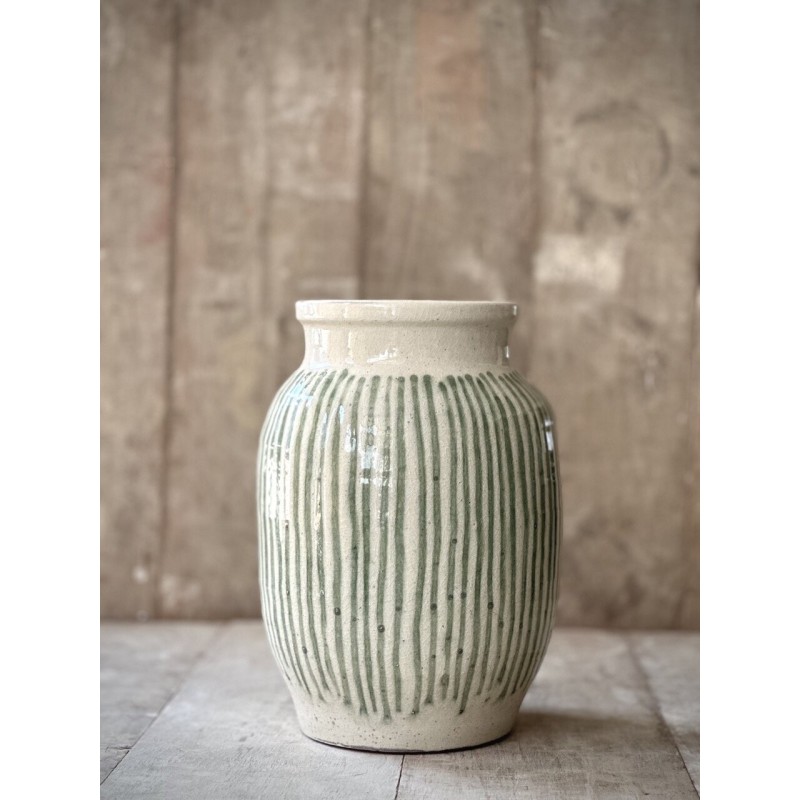 GRAND VASE BEZ - BLANC ANTIQUE AVEC RAYURES VERTES EMAILLEES - NOORI