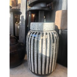 GRAND POT RAC AVEC COUVERCLE - BLANC ANTIQUE AVEC RAYURES NOIRES EMAILLEES - NOORI
