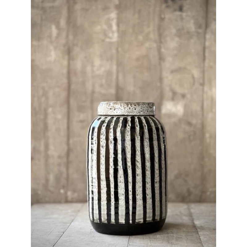 GRAND POT RAC AVEC COUVERCLE - BLANC ANTIQUE AVEC RAYURES NOIRES EMAILLEES - NOORI