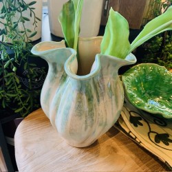 VASE EN GRES - VERT/BEIGE/BLC CASSE - D.19x23cm - MADAM STOLTZ