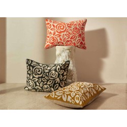 COUSSIN AIMEE - FLEURI NOIR & BEIGE - LIN & COTON BRODE - 40x50cm - ELITIS